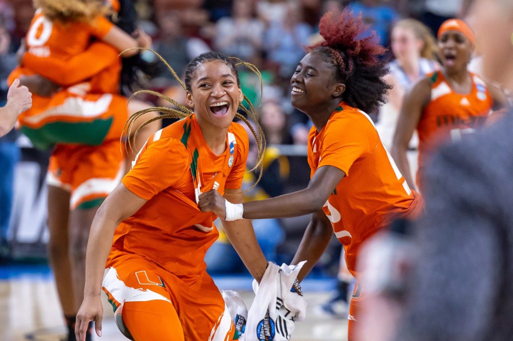 Jasmyne Roberts and Ja'Leah Williams celebrate after defeating Villanova to advance to the Elite Eight on Friday, Mar. 24 in the Bon Secours Arena.