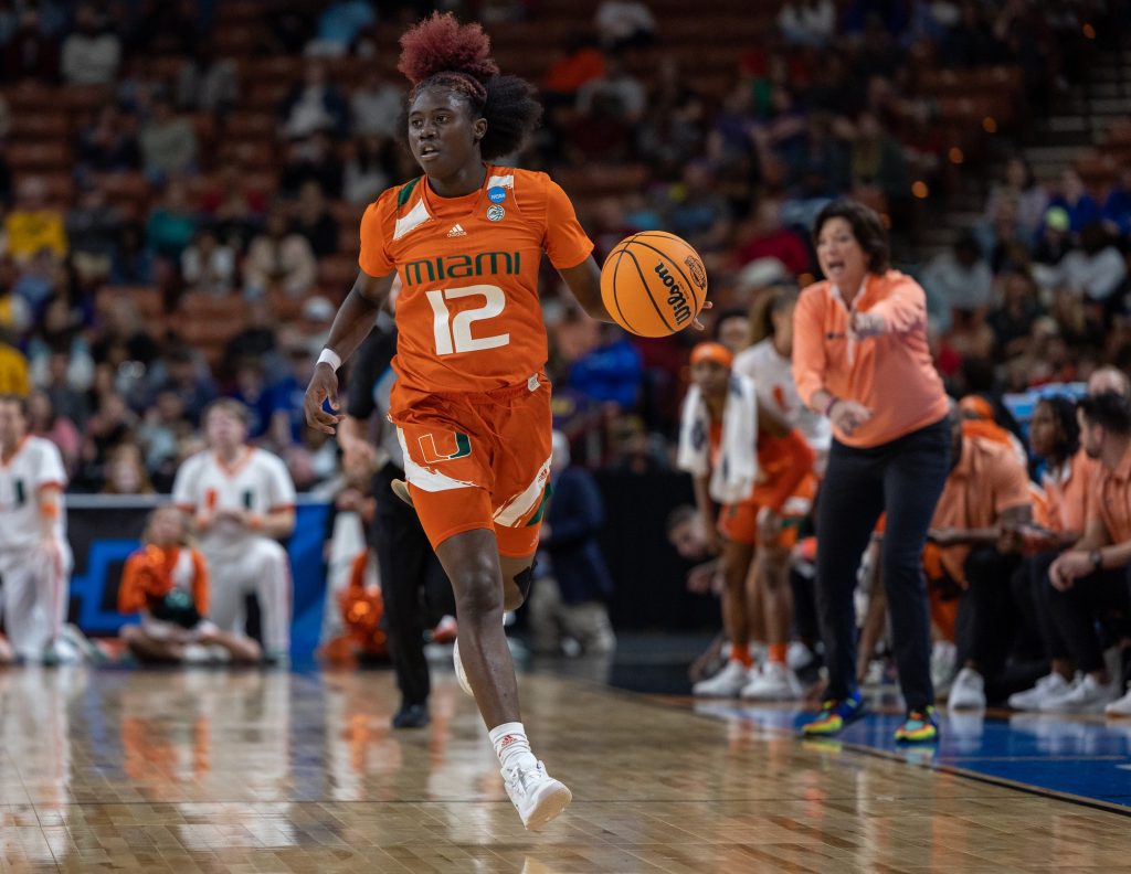 Sophomore guard Ja’Leah Williams dribbles the ball down the court in the second quarter of Miami’s Elite Eight matchup against LSU in the Bon Secours Arena on Sunday, March 26.