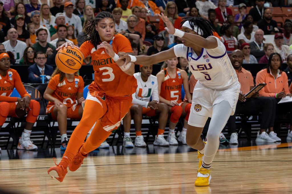 Graduate student forward Destiny Harden drives to the basket in the third quarter of Miami’s Elite Eight matchup against LSU in the Bon Secours Arena on Sunday, March 26.