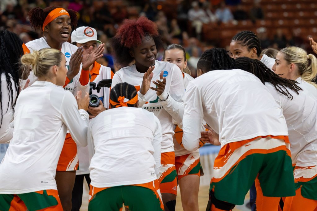 Ja’Leah Williams leads the ‘Canes in hyping each other up before Miami’s first ever Elite Eight matchup in the Bon Secours Arena against LSU on Sunday, March 26.