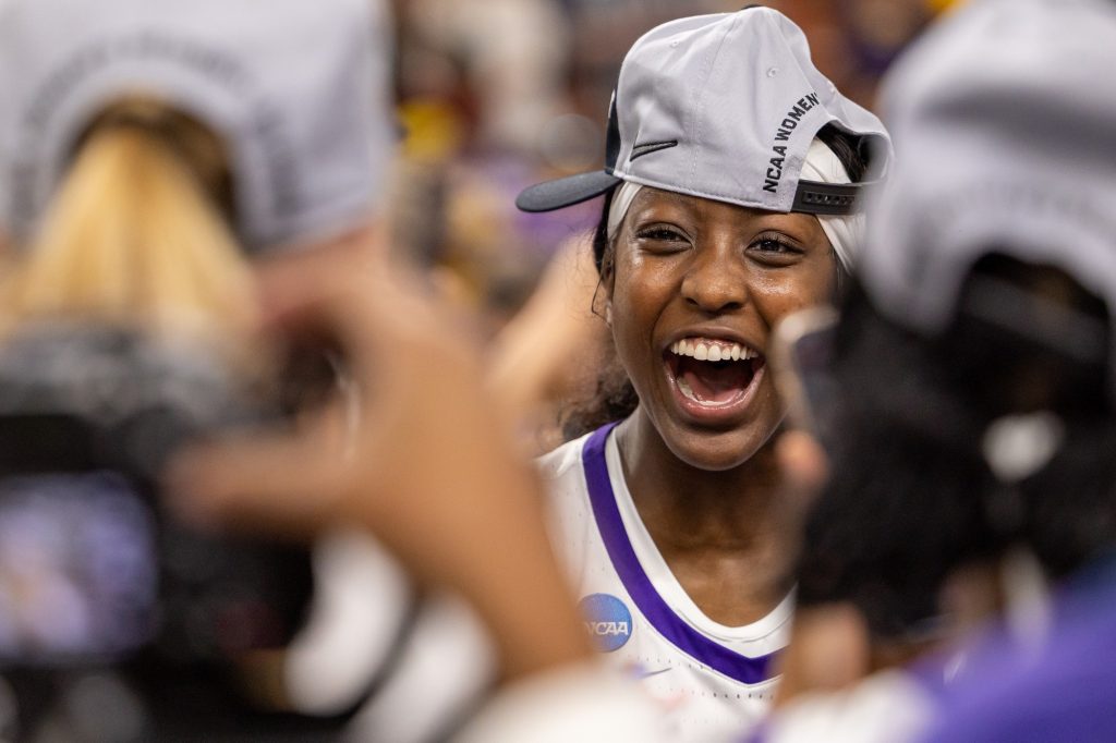 LSU freshman Flau’jae Johnson reacts after the Lady Tigers defeated the ‘Canes in Miami’s first ever Elite Eight matchup in the Bon Secours Arena on Sunday, March 26.