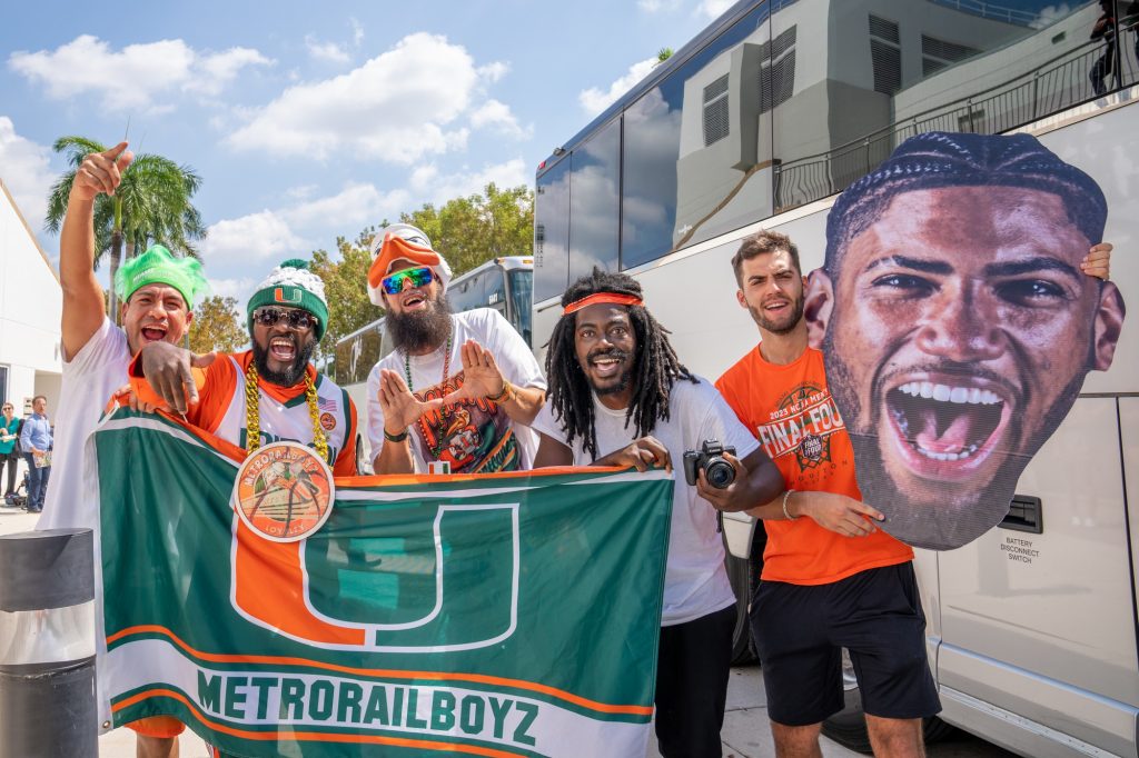 ‘Canes fans cheers outside of the Watsco Center during the Miami Final Four Sendoff on March 29, 2023.
