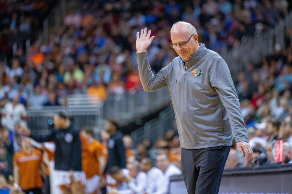 Head coach Jim Larrañaga disagrees with a referee’s call during the second half of Miami’s Elite Eight matchup against the University of Texas in the T-Mobile Center in Kansas City, MO on March 26, 2023.
