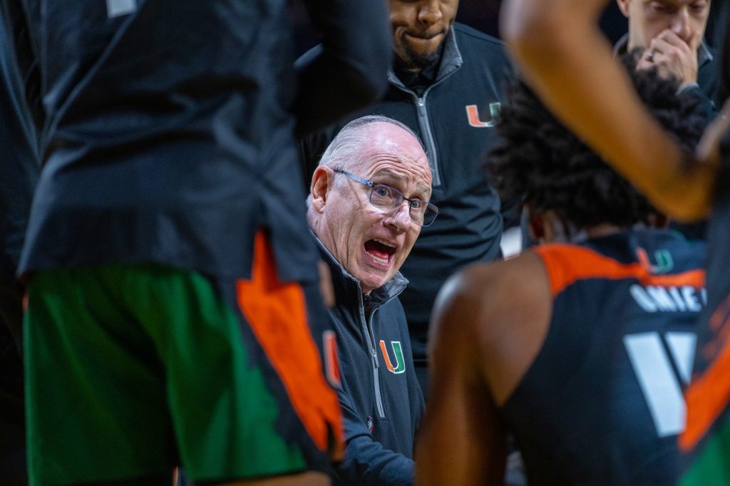 Head coach Jim Larrañaga speaks to his team during the second half of Miami’s Final Four matchup against the University of Connecticut in NRG Stadium in Houston on April 1, 2023.