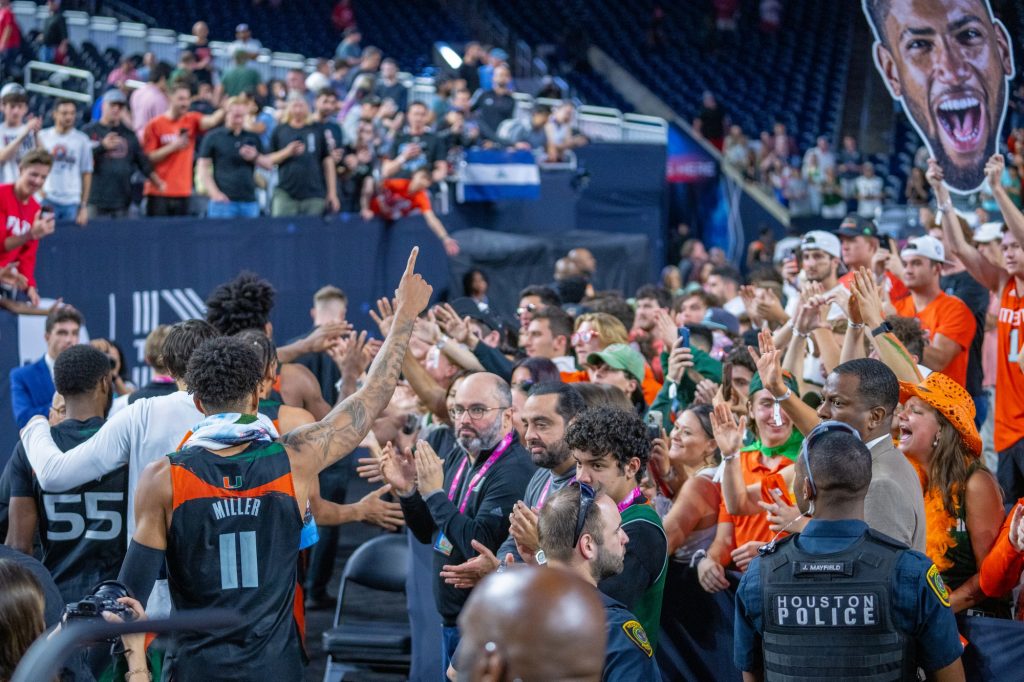 Fifth-year senior guard Jordan Miller says goodbye to fans after Miami’s 59-72 Final Four loss to the University of Connecticut in NRG Stadium in Houston on April 1, 2023.