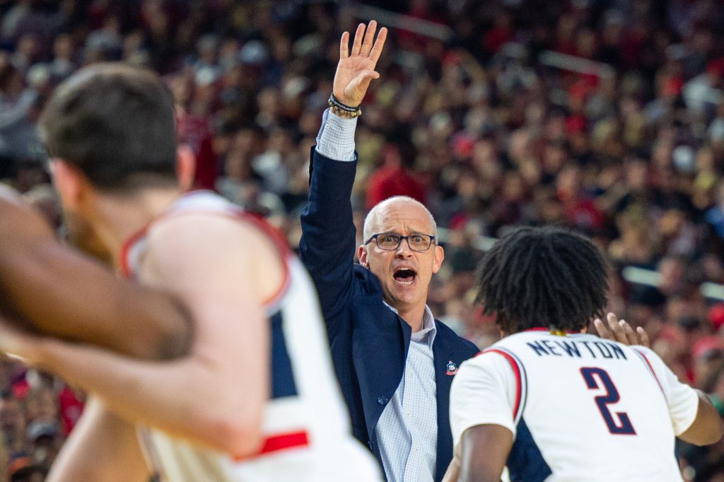 Connecticut head coach Dan Hurley calls out a play during the first half of Miami's Final Four loss to the University of Connecticut on Saturday, April 1 at the NRG Stadium.