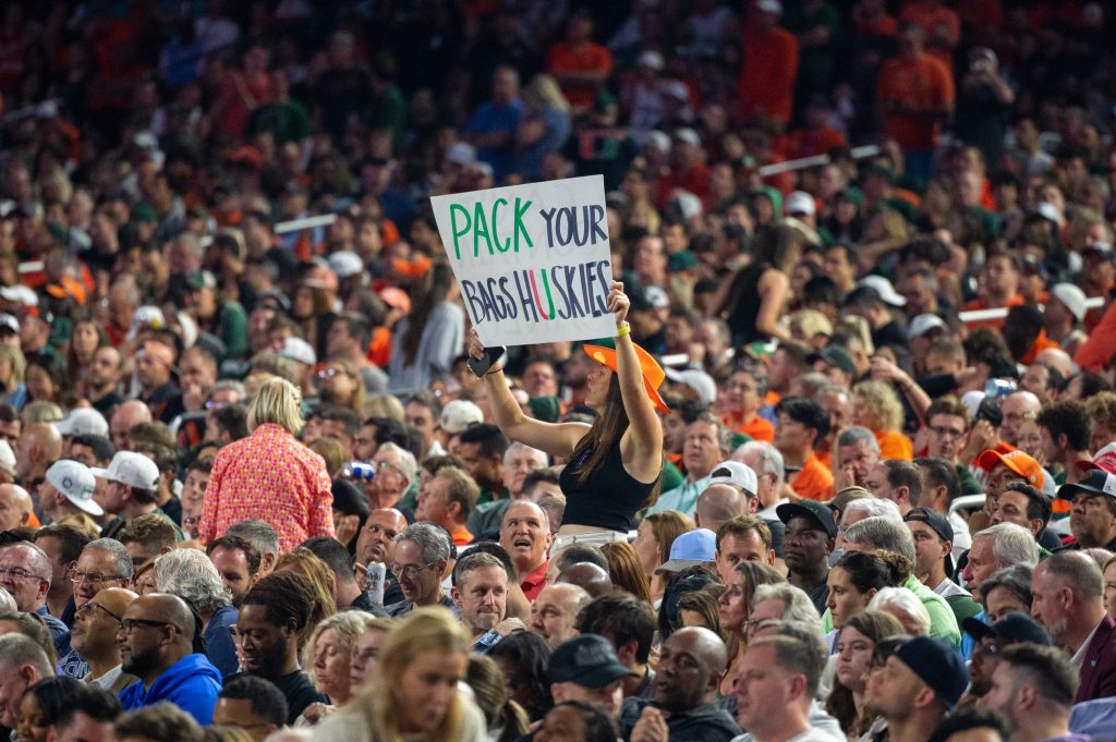 A Miami fan holds up a sign during the second half of Miami's Final Four loss on Saturday, April 1 at the NRG Stadium.