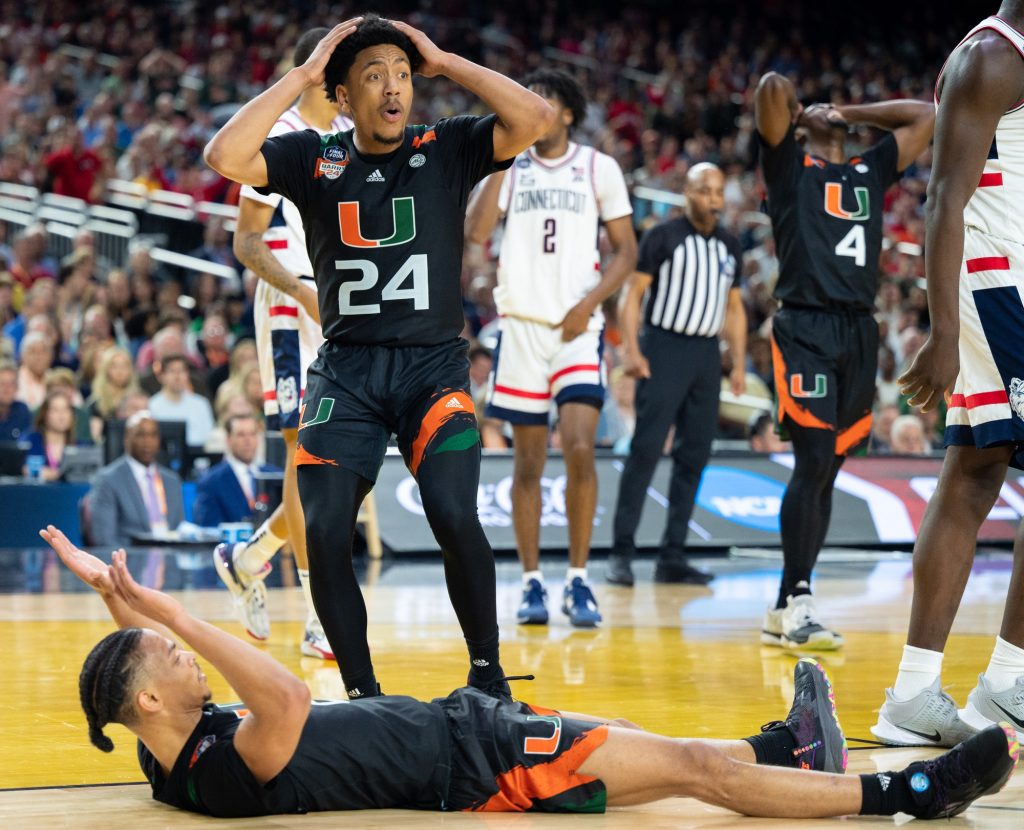 Third-year sophomore guard Nijel Pack reacts after a foul was called on teammate Isaiah Wong during the second half of Miami's Final Four loss to the University of Connecticut on Saturday, April 1 at the NRG Stadium.