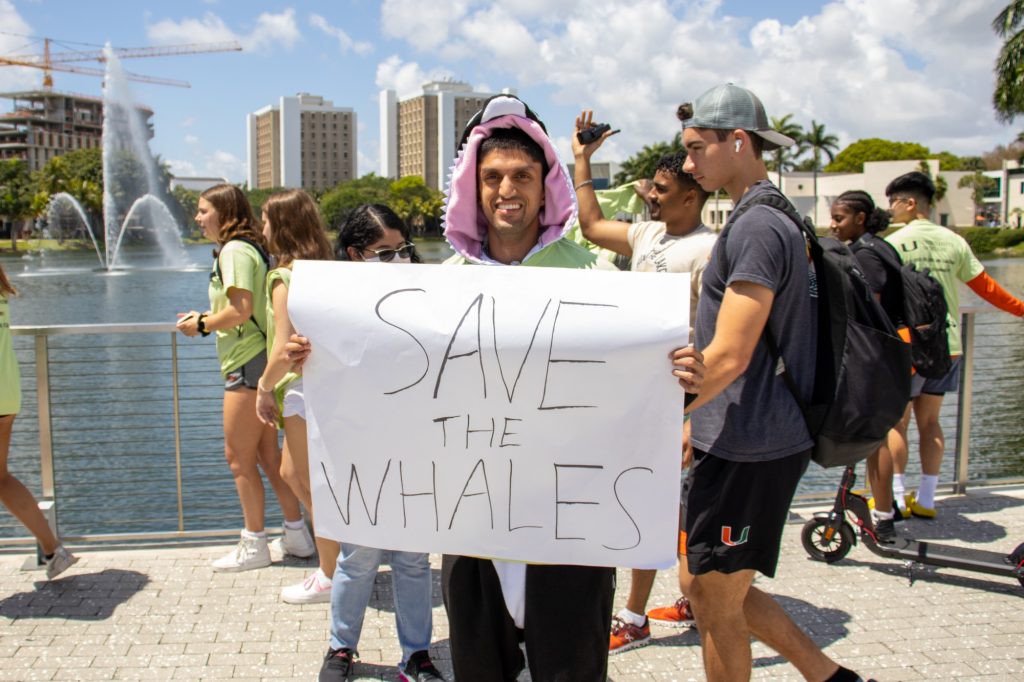 Senior Rohin Vaidya holds up a "Save the Whales" sign in his Orca costume at the Hug the Lake Earth Day celebration surrounding Lake Osceola on Friday, April 21.