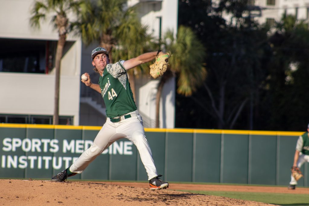 Junior right-handed pitcher Ben Chestnutt pitches for the 'Canes against Bethune-Cookman on Tuesday, April 18 at Mark Light Field.