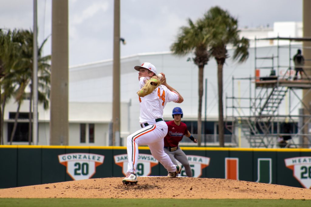Junior right-handed pitcher Ben Chestnutt comes in to pitch for the 'Canes during the third inning of the final game of the series against Presbyterian College on Sunday, May 7 at Mark Light Field.
