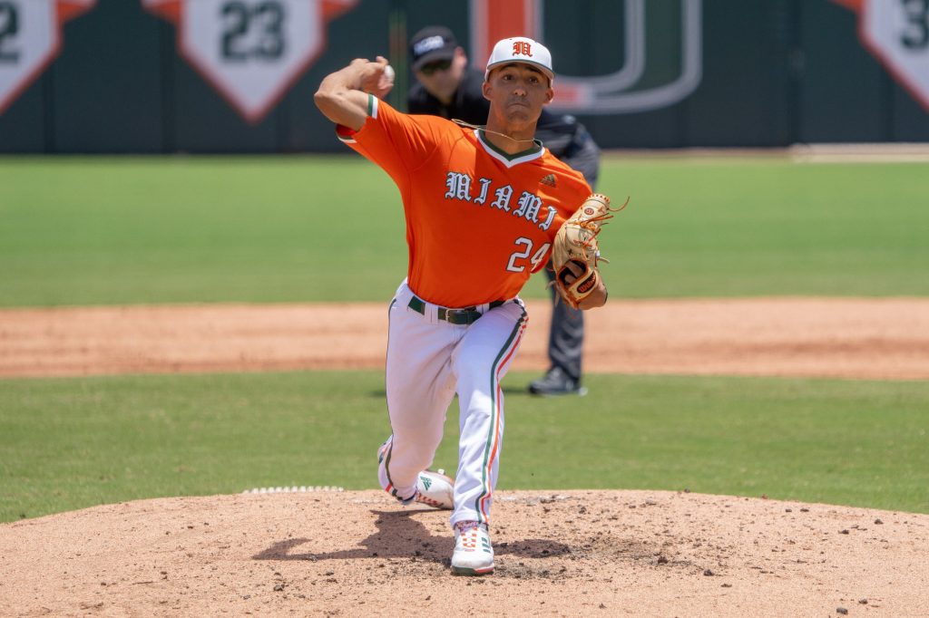 Junior right-handed pitcher Alejandro Rosario pitches in the bottom of the second inning of Miami’s Coral Gables Regional game versus the University of Louisiana at Mark Light Field on June 4, 2023.
