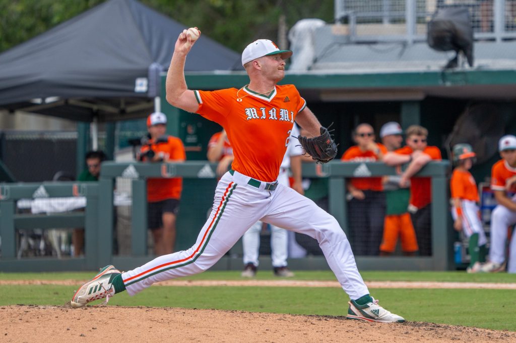 Junior right-handed pitcher Andrew Walters pitches in the bottom of the seventh inning of Miami’s Coral Gables Regional game versus the University of Louisiana at Mark Light Field on June 4, 2023.