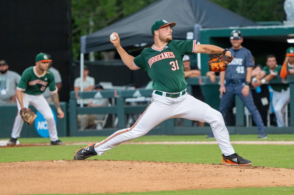 Sophomore right-handed pitcher Gage Ziehl pitches at the top of the second inning of Miami’s Coral Gables Regional game versus the University of Maine at Mark Light Field on June 2, 2023.